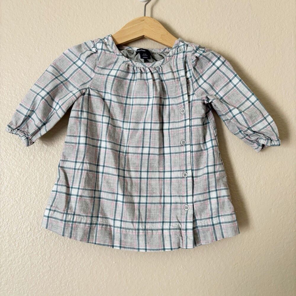 Baby Gap Dress Girls 3 - 6 months Grey Tartan pattern long sleeve button casual